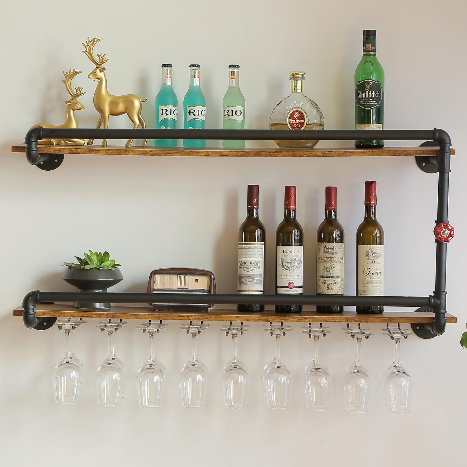 Wall Mounted Wine Rack 2 Tier with Glass Holder