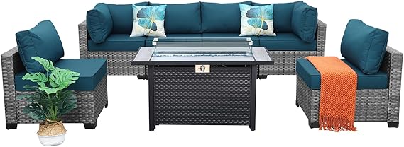 7-Piece Wicker Patio Sectional with Fire Pit