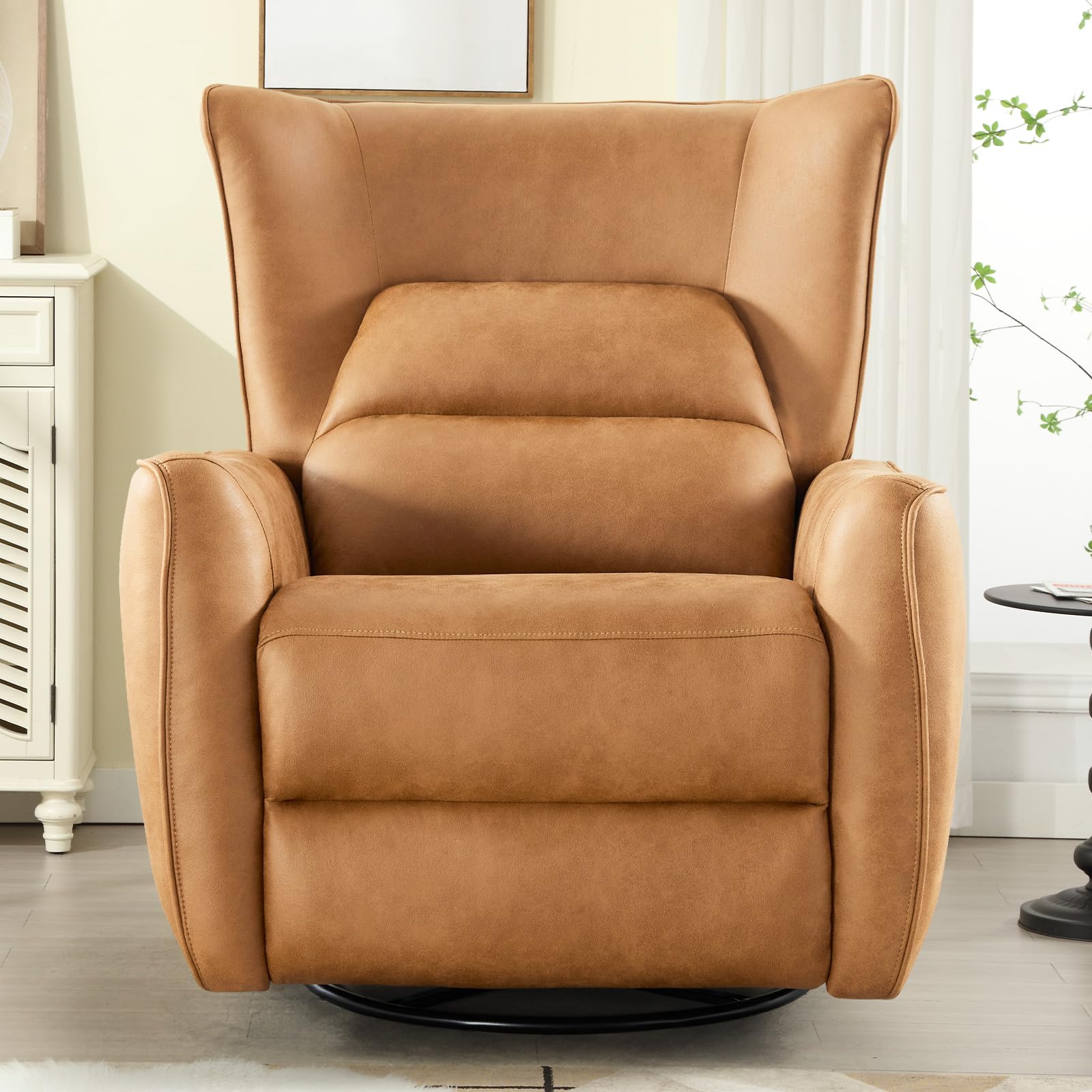 INZOY Power Swivel Rocker Recliner Glider, Oversize Electric Swivel Rocker Recliners with Highly Enveloping Backrest, Nursery Rocking Recliner Chair Fabric Reclining Sofa for Living Room, Brown