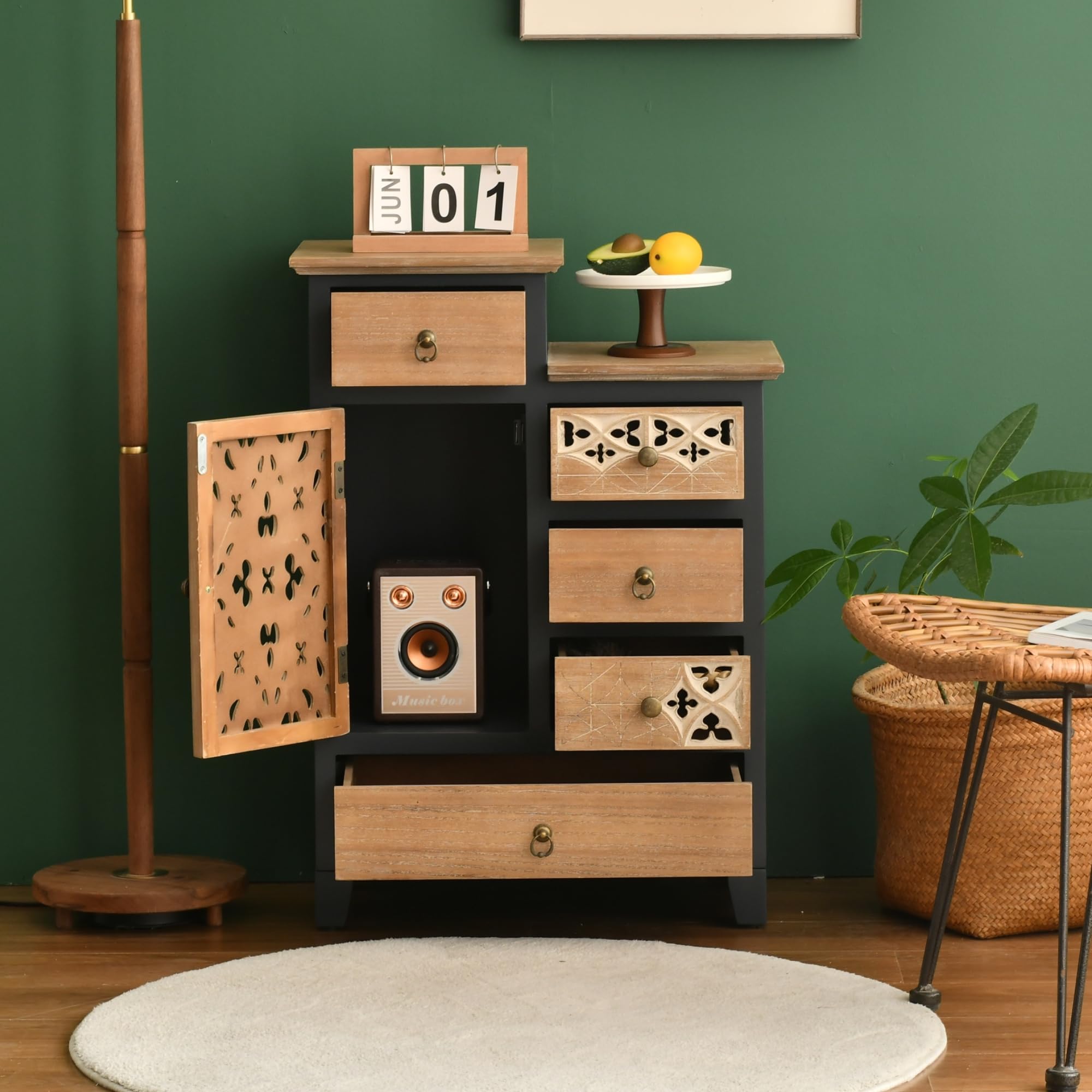 Farmhouse Accent Chest with Carved Door and 5 Drawers