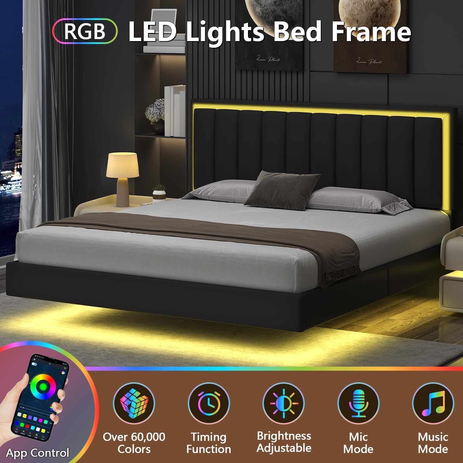 King Floating Bed Frame with LED Lights
