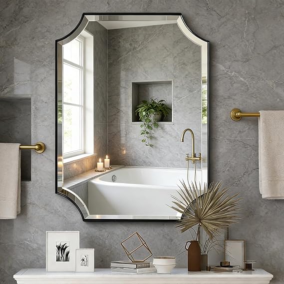 Wavy Bathroom Mirror 36x24 Inch Black Metal Frame
