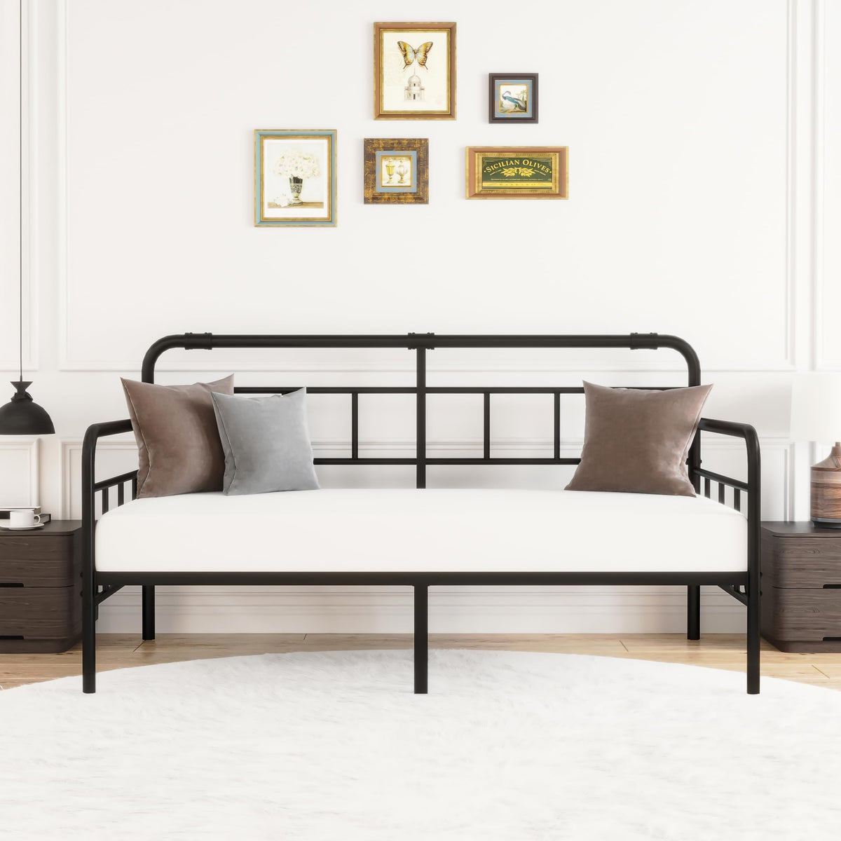 Metal Twin Daybed with Modern Headboard and Steel Slats
