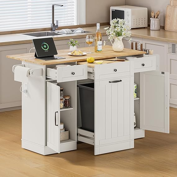 61" Kitchen Island Cart with Drop Leaf and Power Outlet