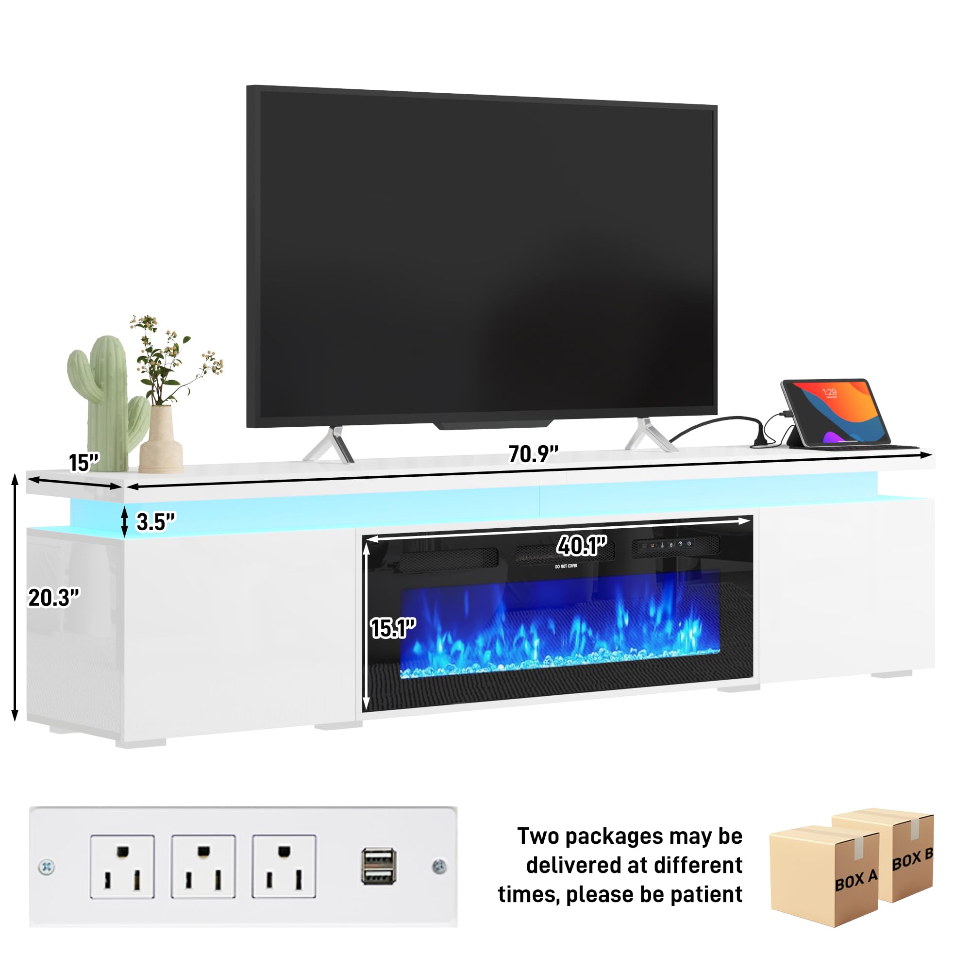 71 Inch LED TV Stand with 40 Inch Electric Fireplace and Storage