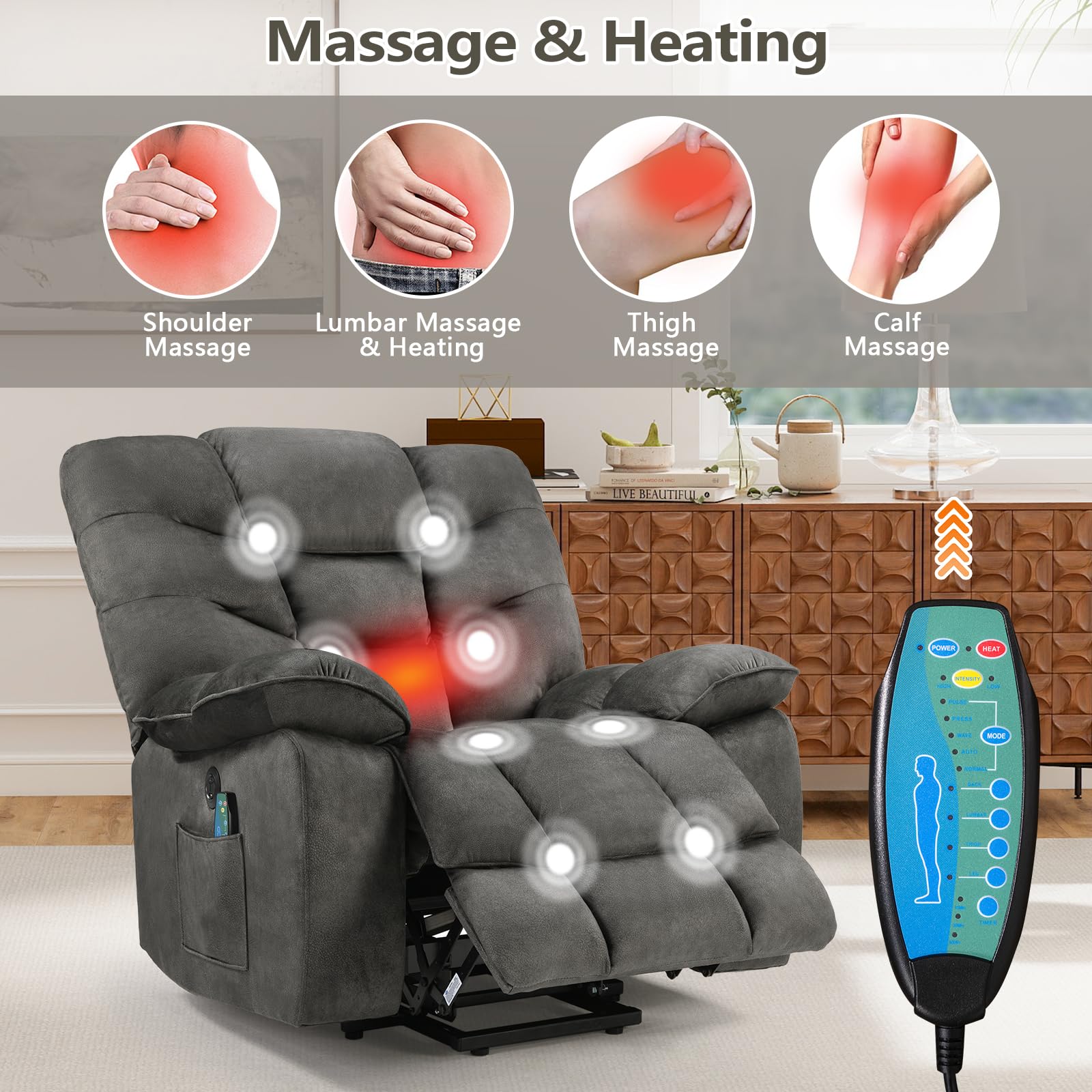 Oversized Power Lift Recliner with Massage and Heat