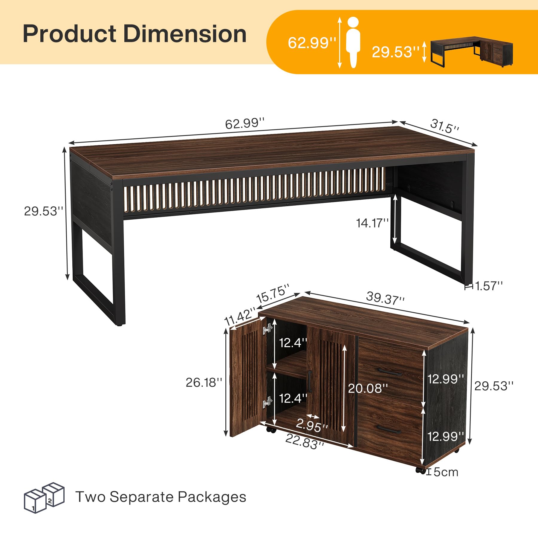 63-Inch L-Shaped Executive Desk with Mobile File Cabinet