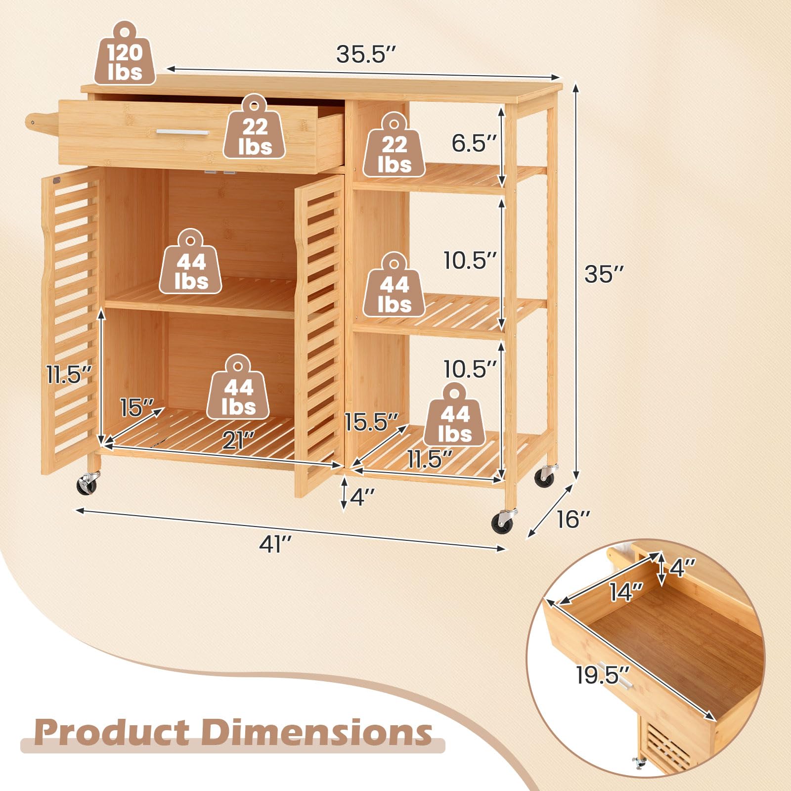 Bamboo Kitchen Island Cart with Storage