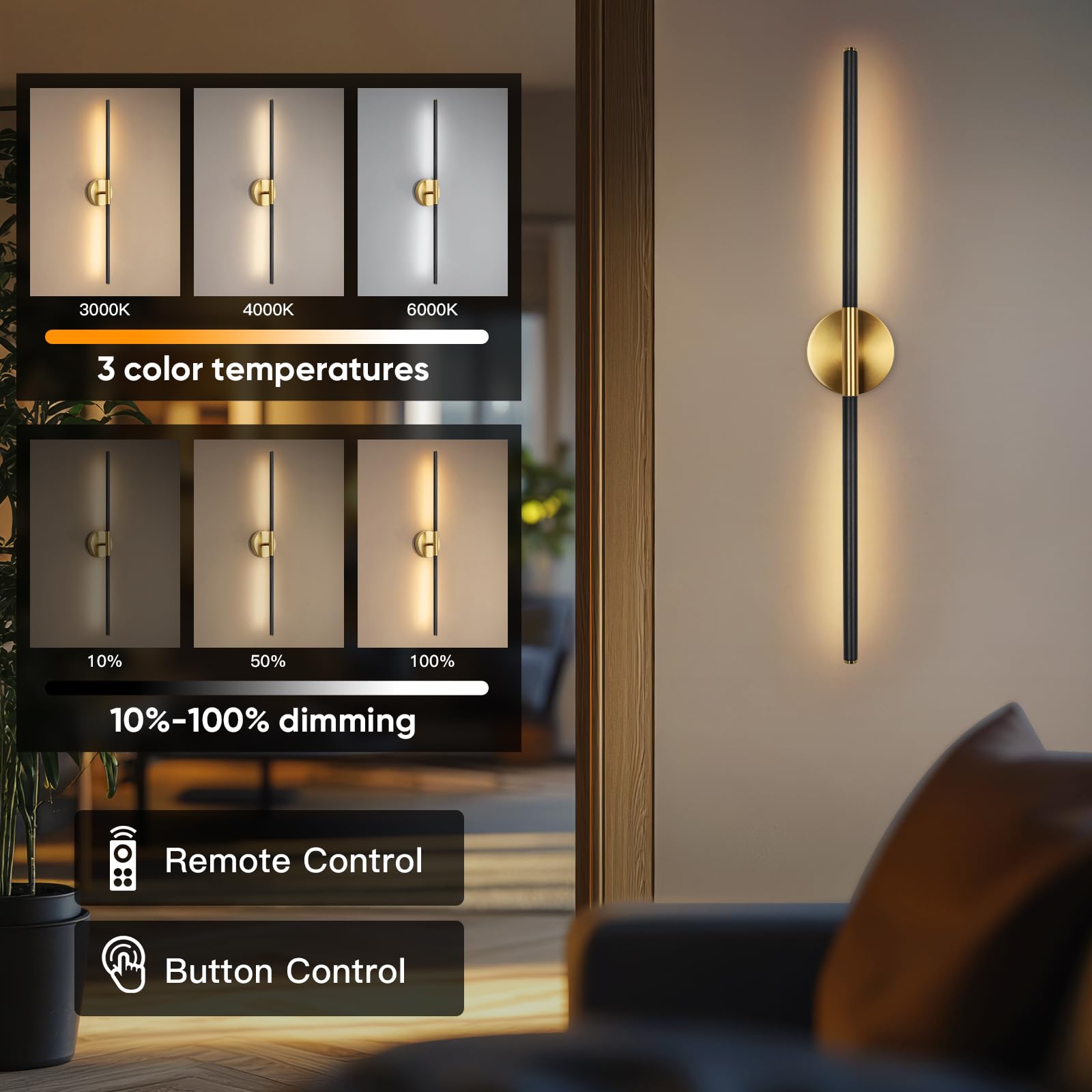 Battery Operated Wall Sconces Set of 2 - Rechargeable Wireless LED