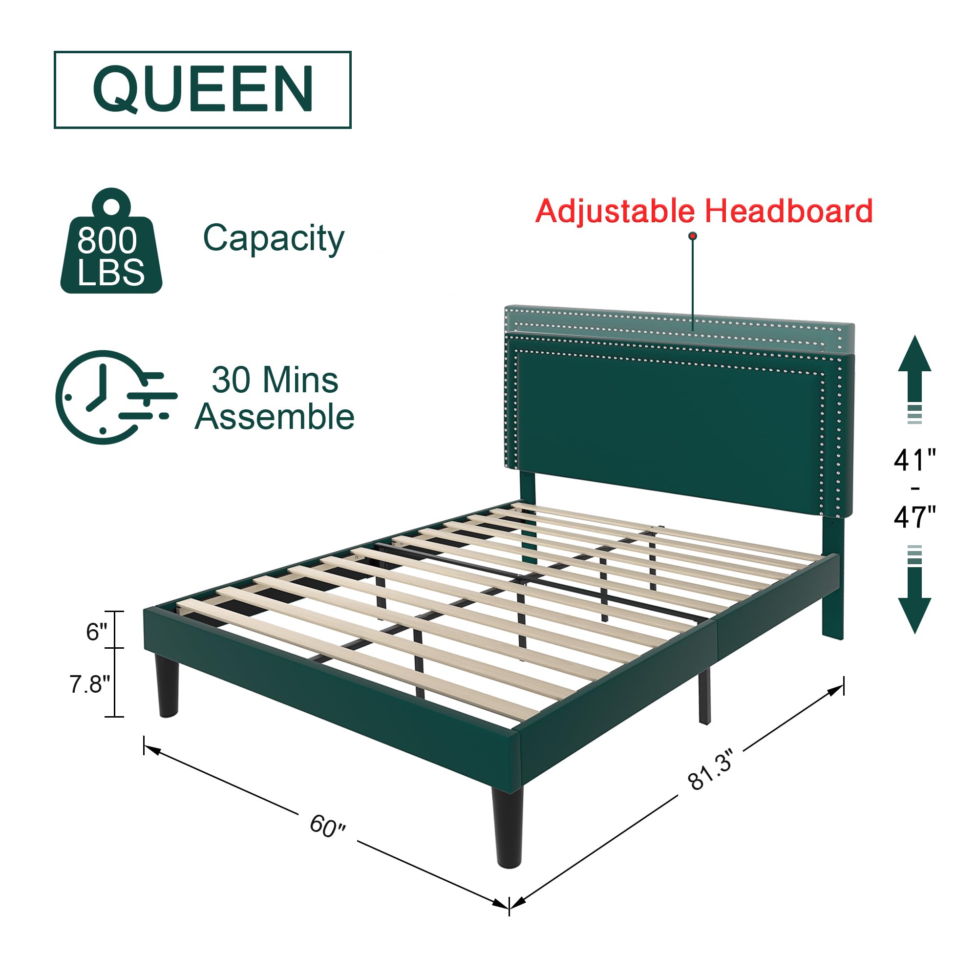 Queen Size Platform Bed Frame with Adjustable Upholstered Headboard