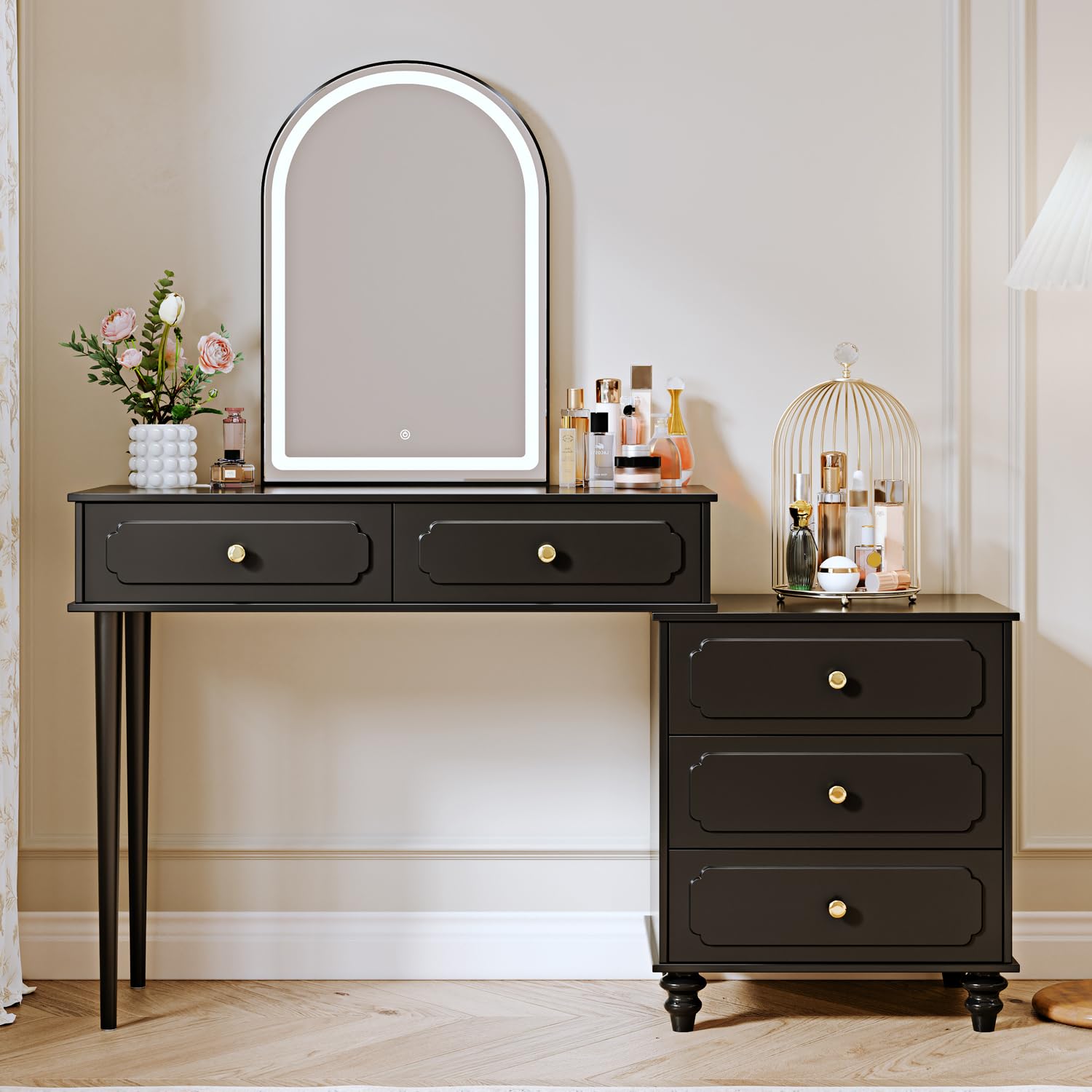 Black Vanity Desk with Mirror and Lights