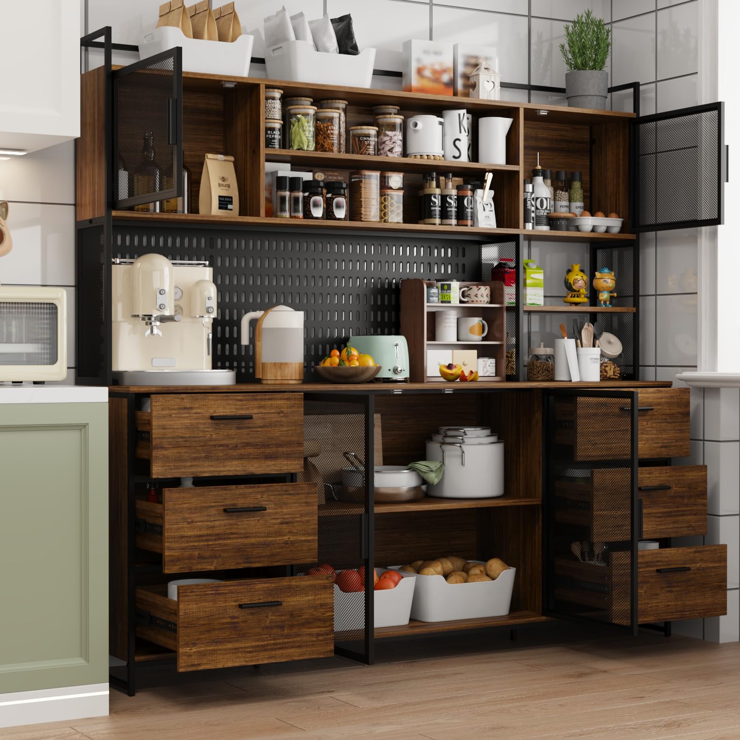Kitchen Hutch Pantry Cabinet with 6 Drawers
