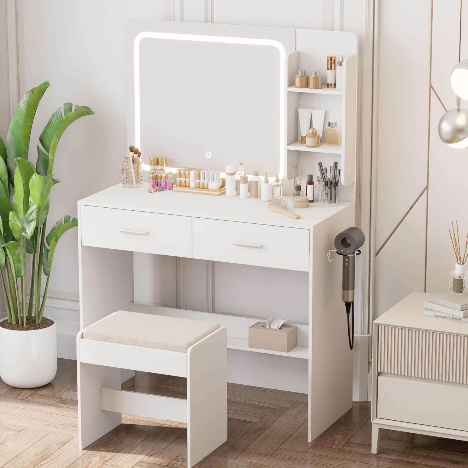 Hogxp Makeup Vanity with Lighted Mirror & Electrical Outlet - 2 Shelves, 2 Drawers, Bottom Storage - Comes with Upholstered Stool （White）
