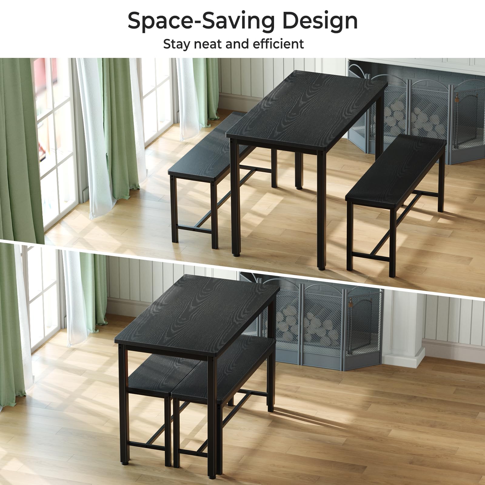 3-Piece Dining Table Set with 2 Benches