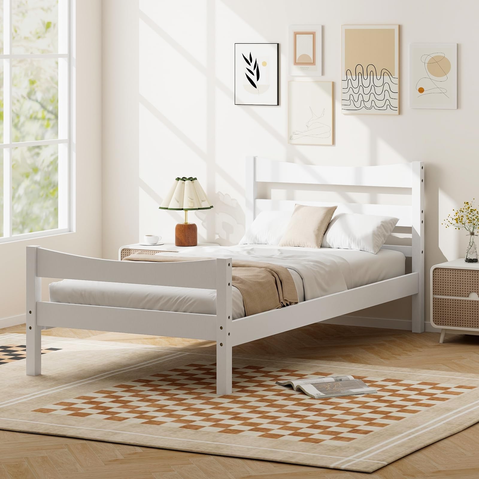 Twin Platform Bed with Headboard and Storage Space