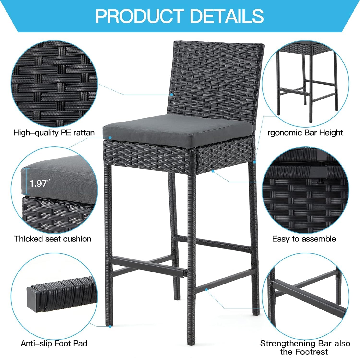 Outdoor Wicker Bar Stools Set of 2 with Footrest and Cushions