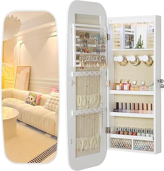 Mirror Jewelry Cabinet - Wall Door Mounted Armoire Organizer with Lock