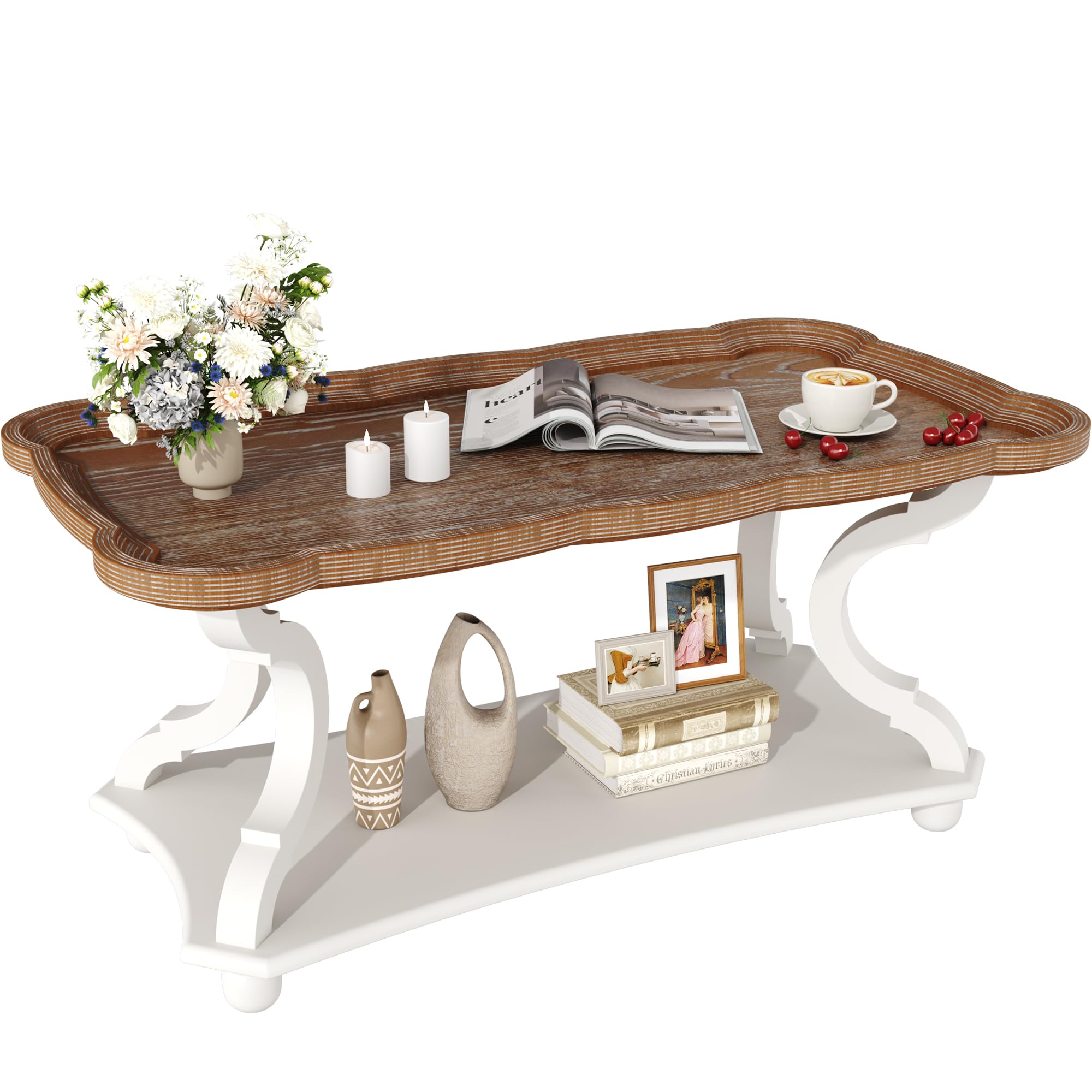 Function Home Farmhouse Coffee Table, 2-Tier Center Table with Storage Shelf, 39.8" French Country Rectangle Accent Table with Natural Tray Top and Curved Legs for Living Room Balcony, Vintage White