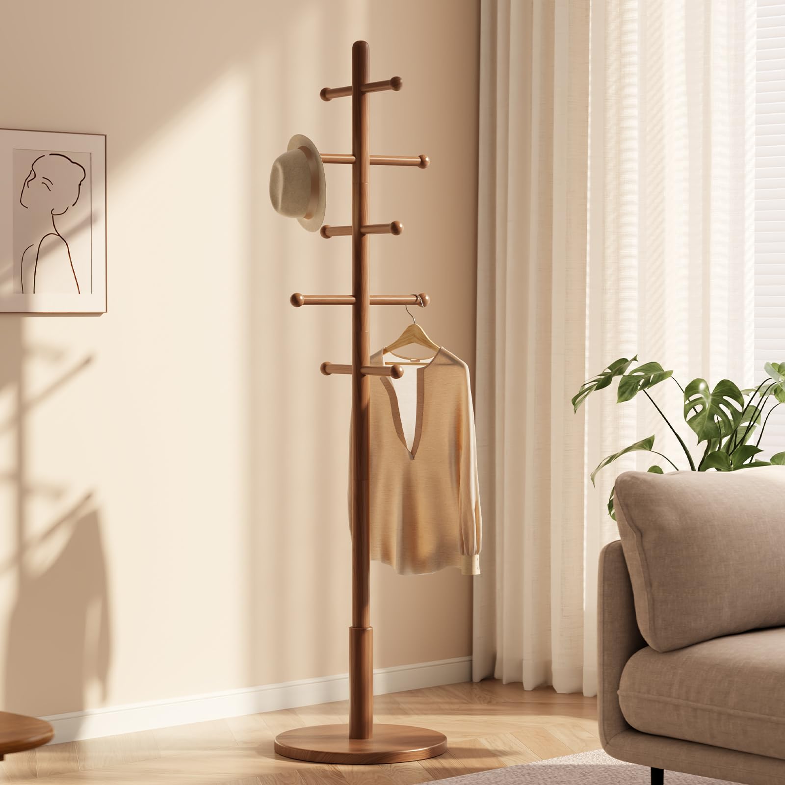Solid Wood Coat Rack Freestanding with 10 Hooks