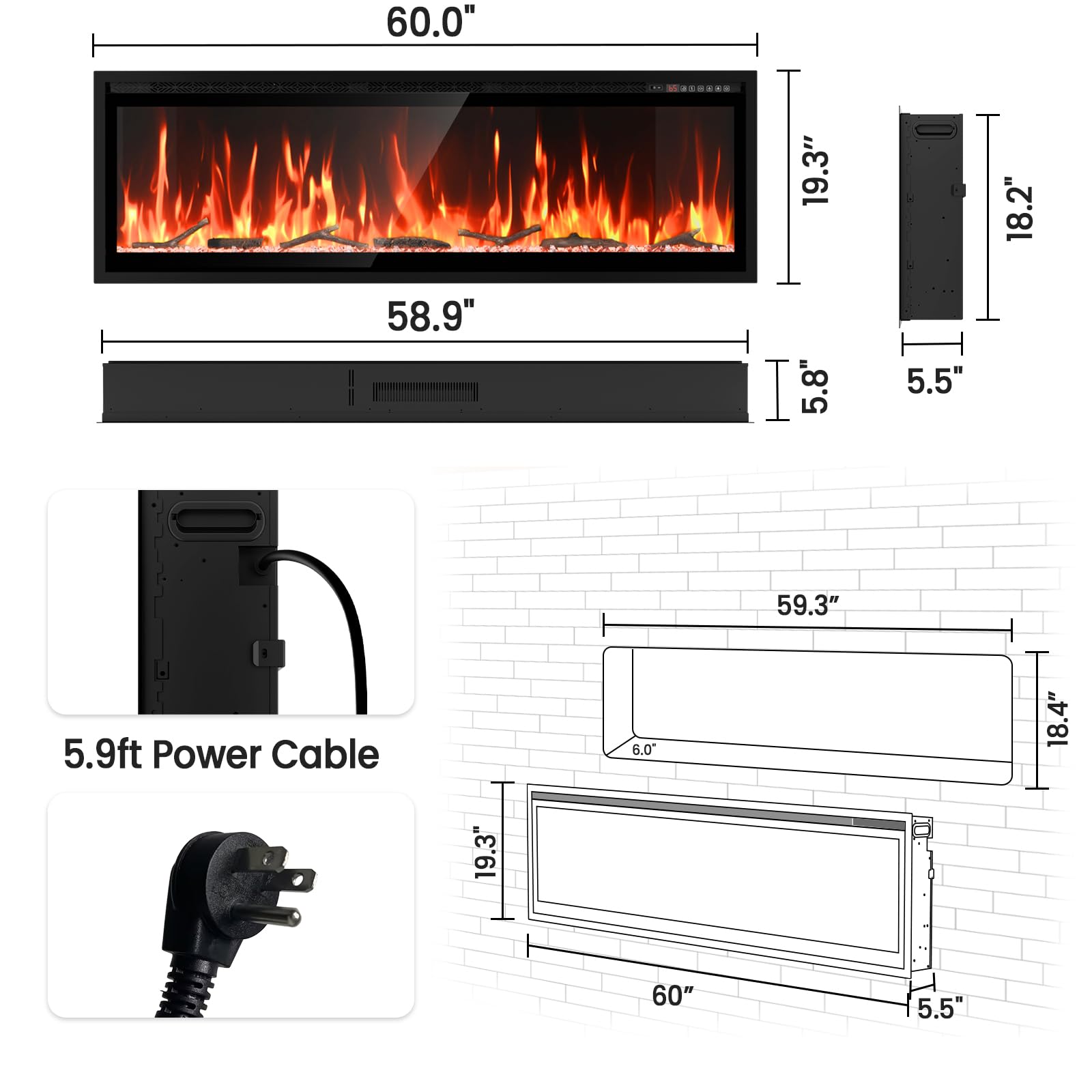 60" Smart Electric Fireplace with Voice Control and Realistic Flame