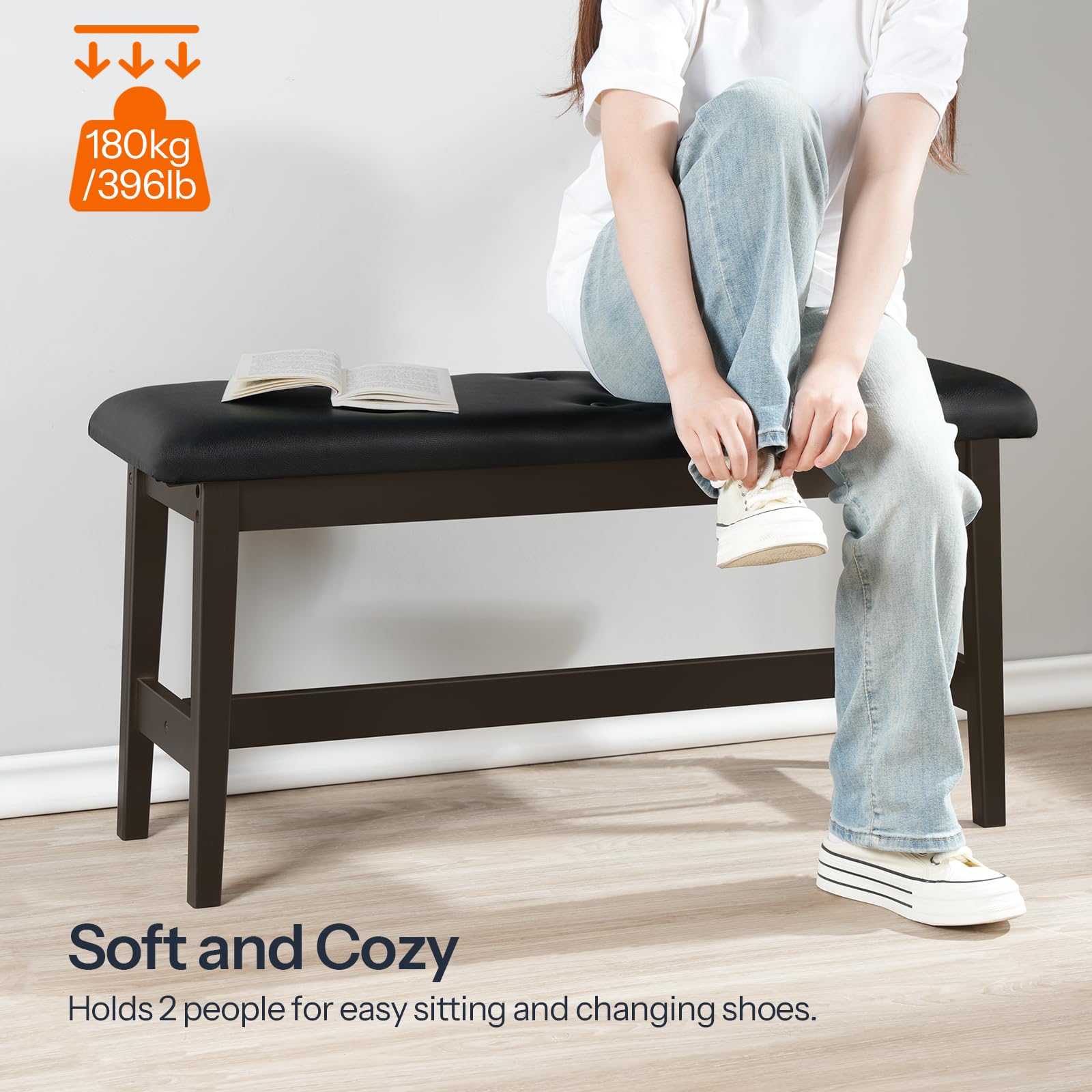 Bamboo Dining Bench with PU Leather Upholstered Seat