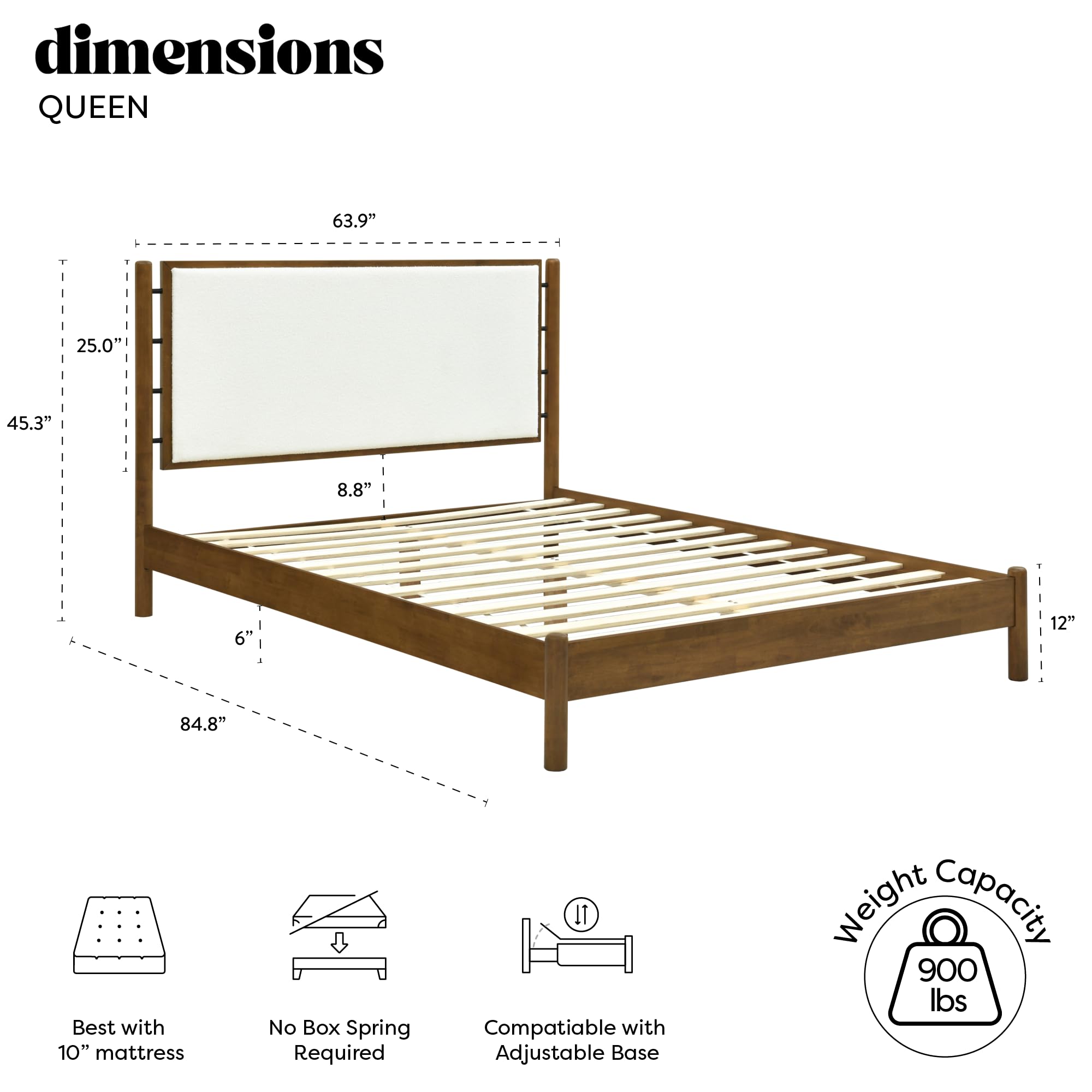 Queen Solid Wood Bed Frame with Upholstered Boucle Headboard