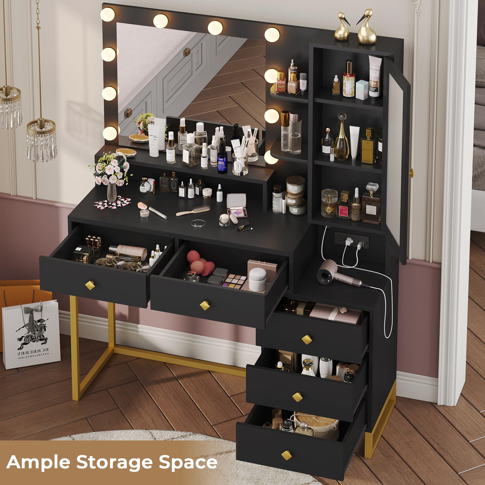 Large Makeup Vanity with Lights and Charging Station