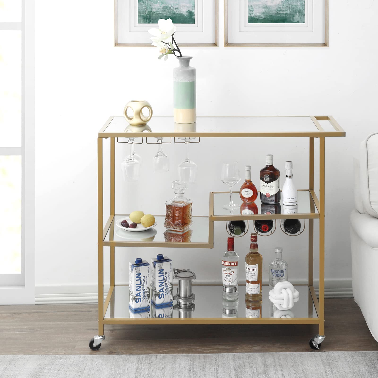 Gold Mirror Rolling Bar Cart with Wine Holders