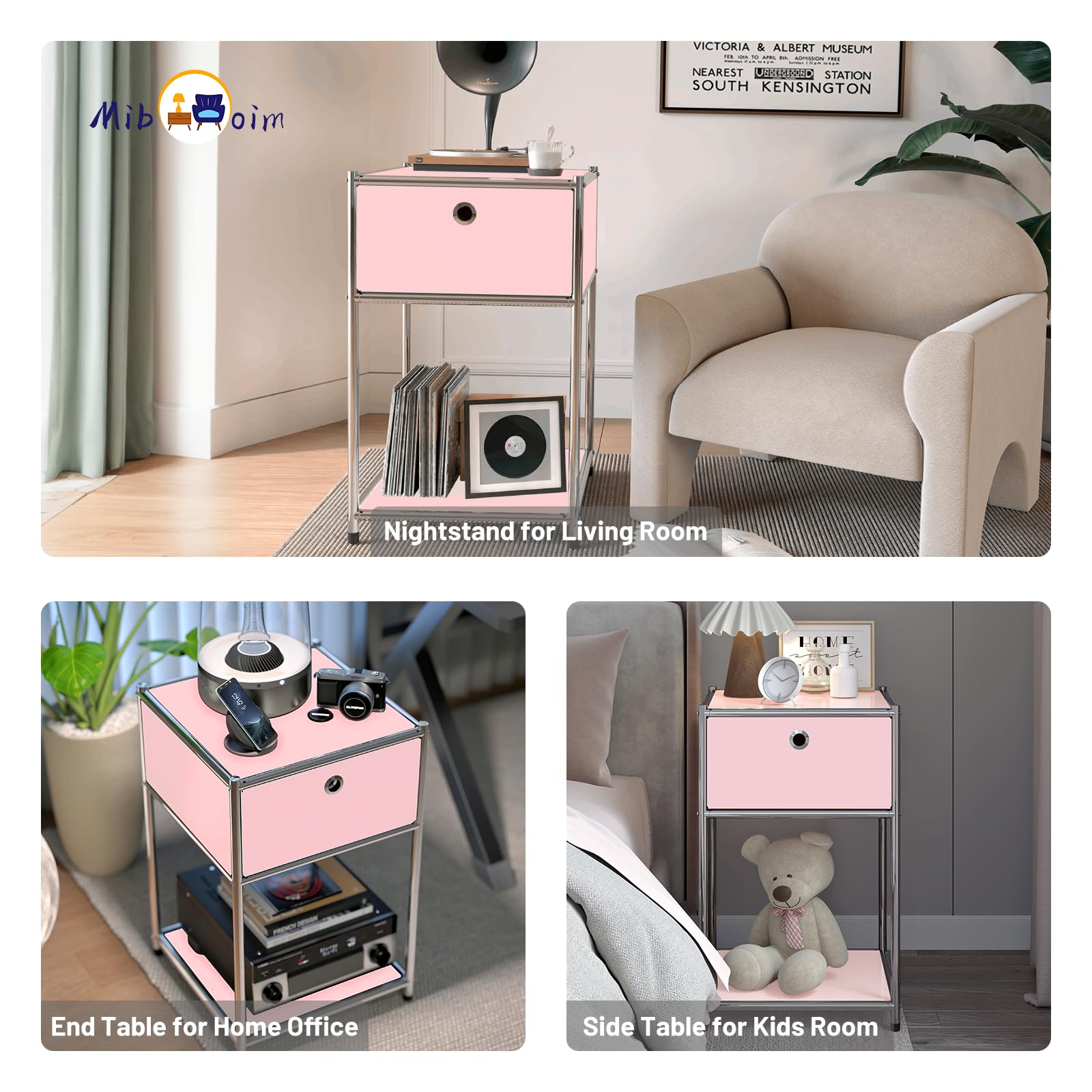 Pink Metal Nightstand with Drawers