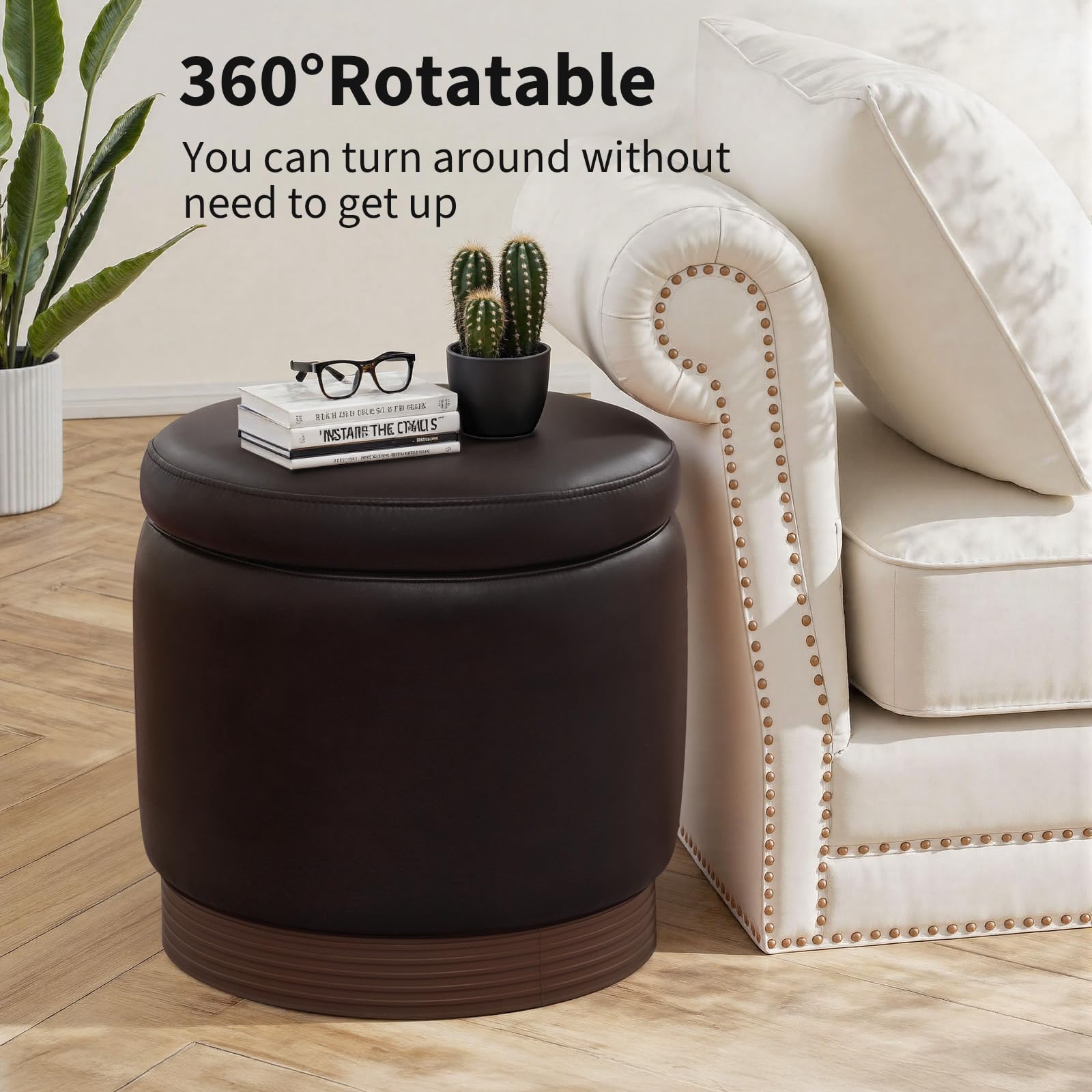 Round Storage Ottoman Dark Brown Swivel Footstool