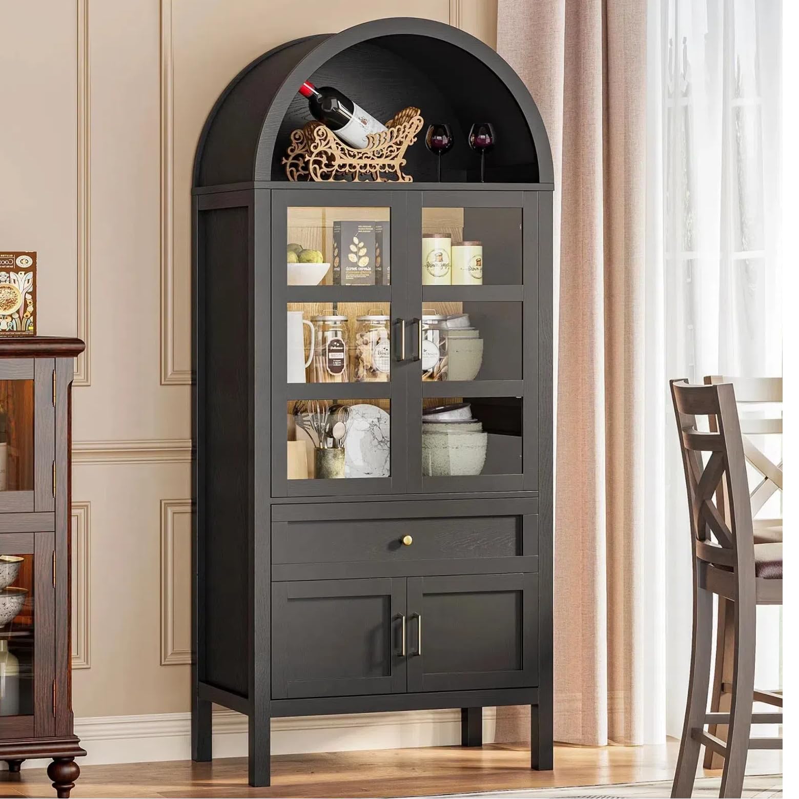 Arched Glass Display China Cabinet with LED Lighting