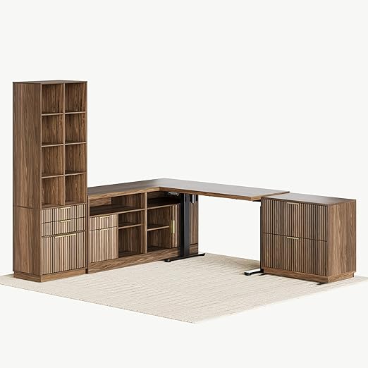 67'' Electric Standing Desk with 73'' Bookshelf and 2-Drawer File Cabinet
