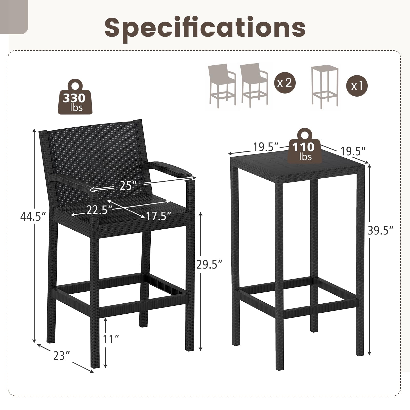 3-Piece Patio Bar Set with Stools