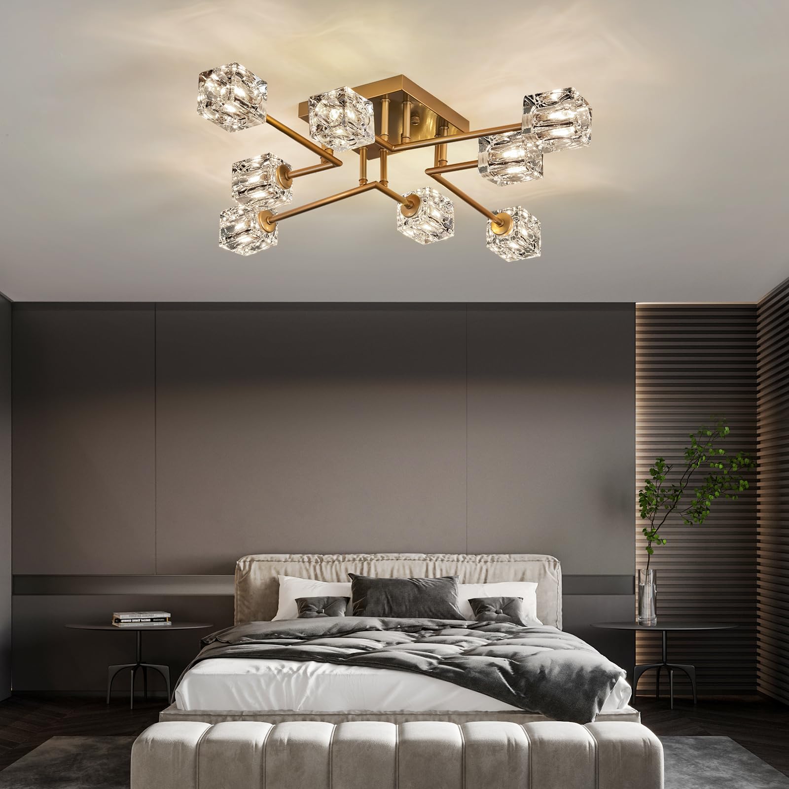 Vintage Gold Semi Flush Mount Ceiling Light 8-Light Glass Sputnik