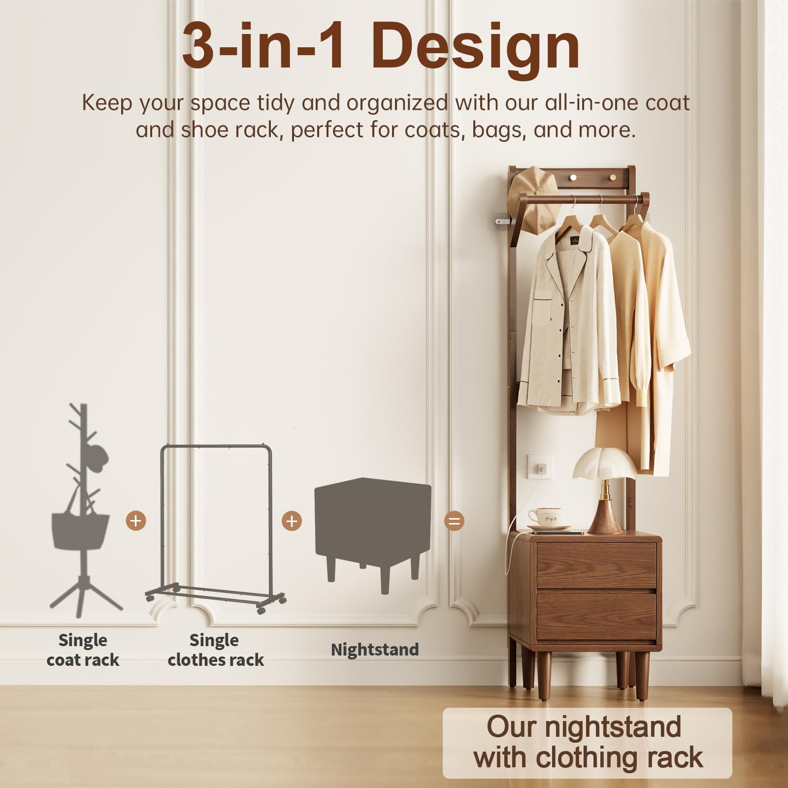 Freestanding Coat Rack with 2 Drawers and 6 Hooks