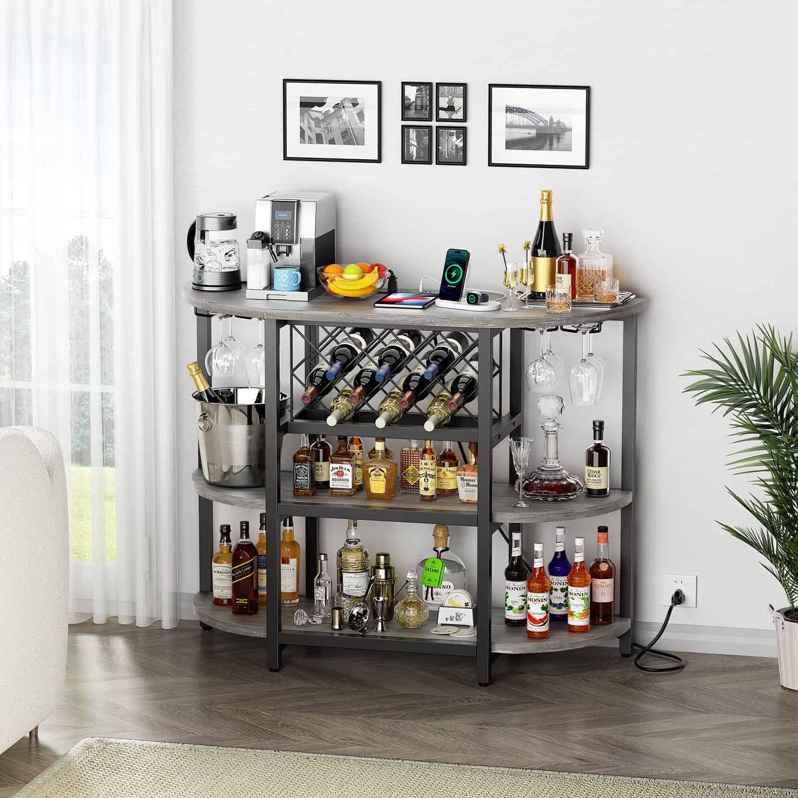 LED Bar Cart with Power Outlet and 4-Tier Storage