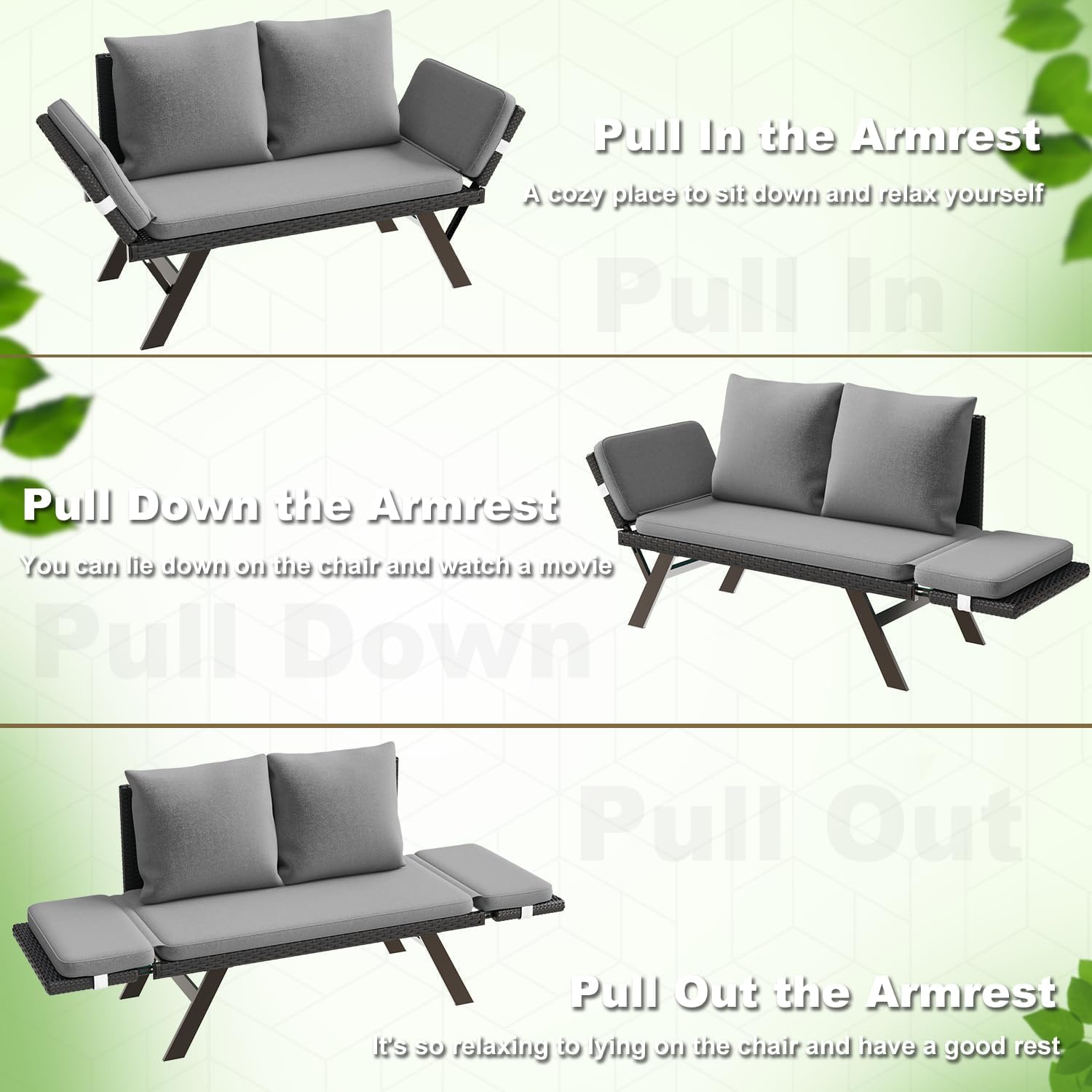 Woven Rattan Patio Loveseat with Adjustable Armrests