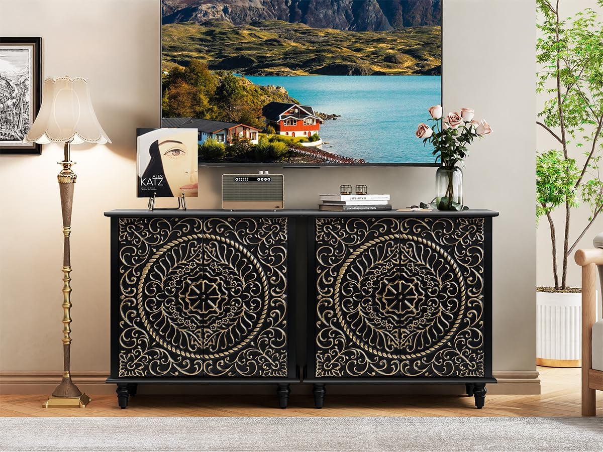 Decorative Accent Storage Cabinet with Carved Flower Pattern