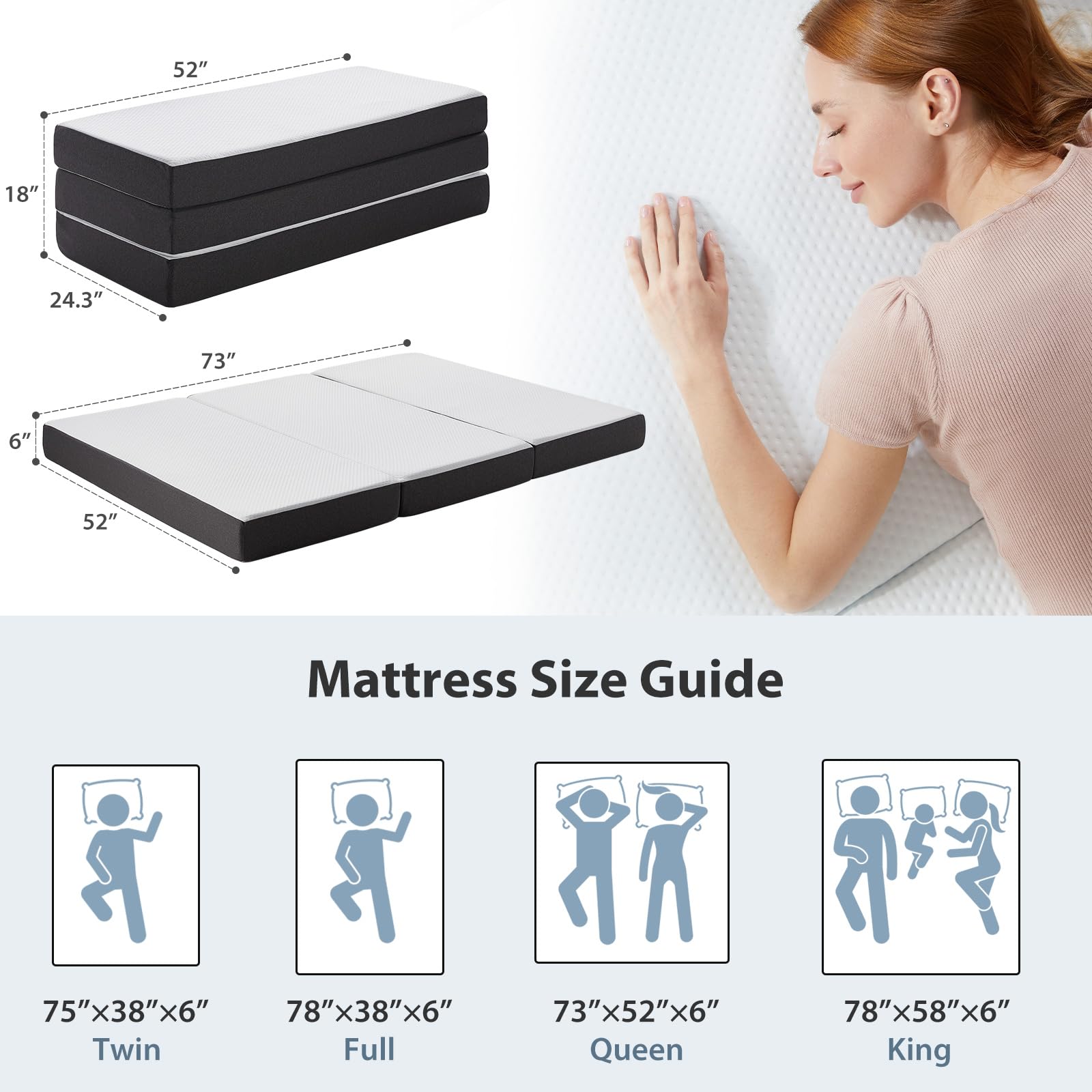 Queen Size Tri-Fold Memory Foam Mattress 78" x 58" x 6"