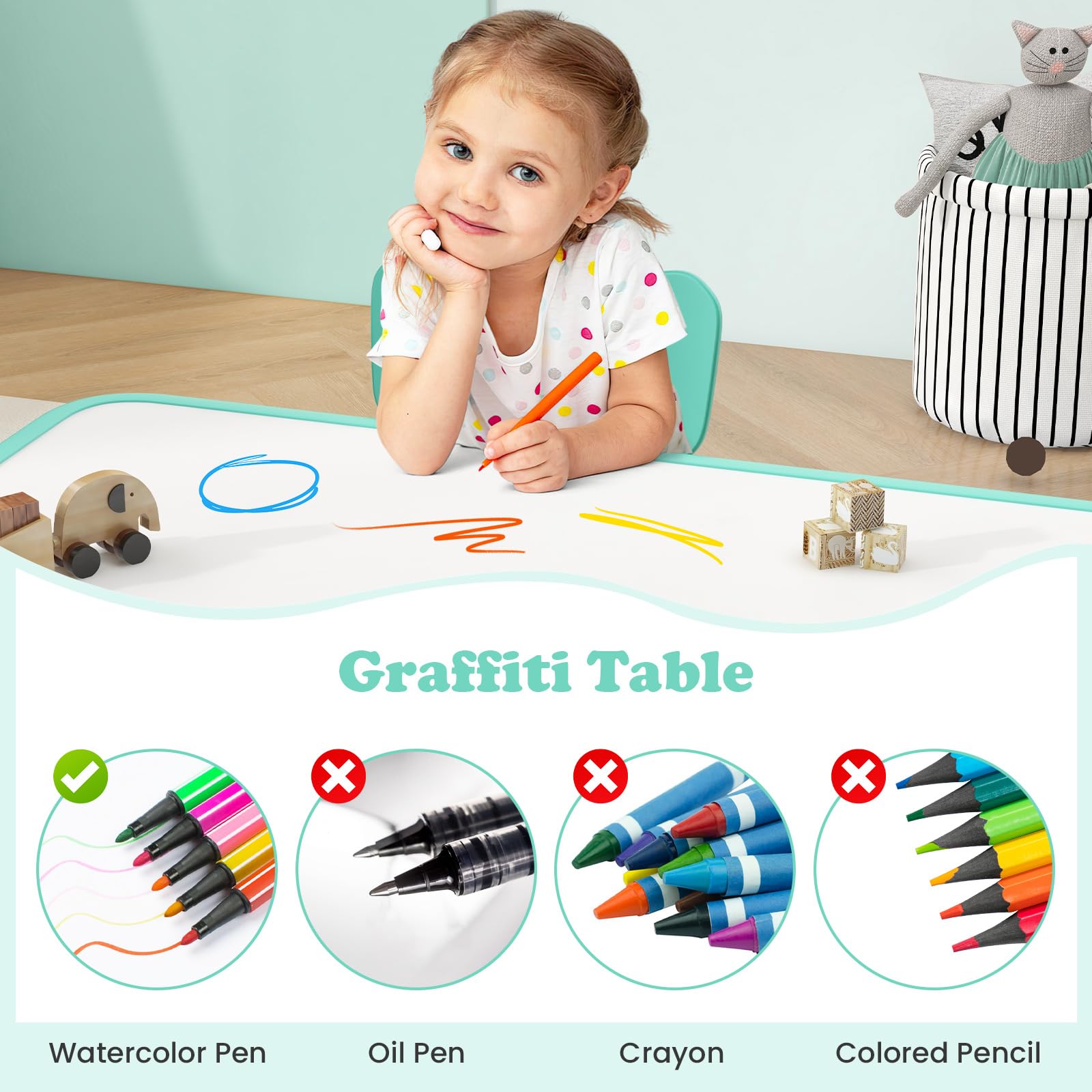 Height Adjustable Kids Table and 4 Chairs Set with Graffiti Desktop