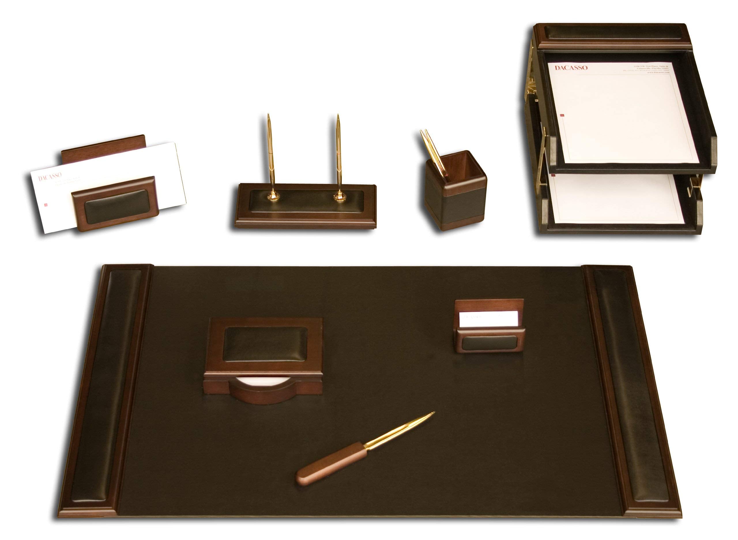 Walnut and Black Leather Desk Set - 10 Piece