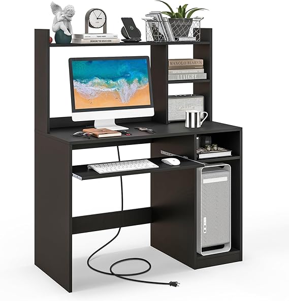 Computer Desk with Hutch 43.5 Inch - Keyboard Tray & Charging Station