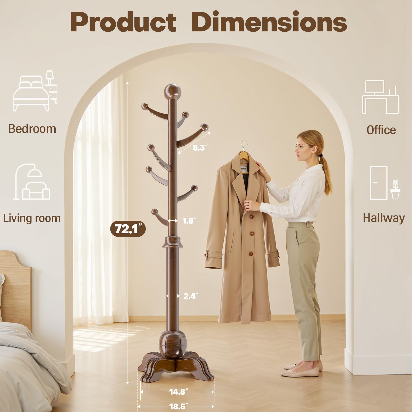 Freestanding Wooden Hall Tree with 7 Hooks