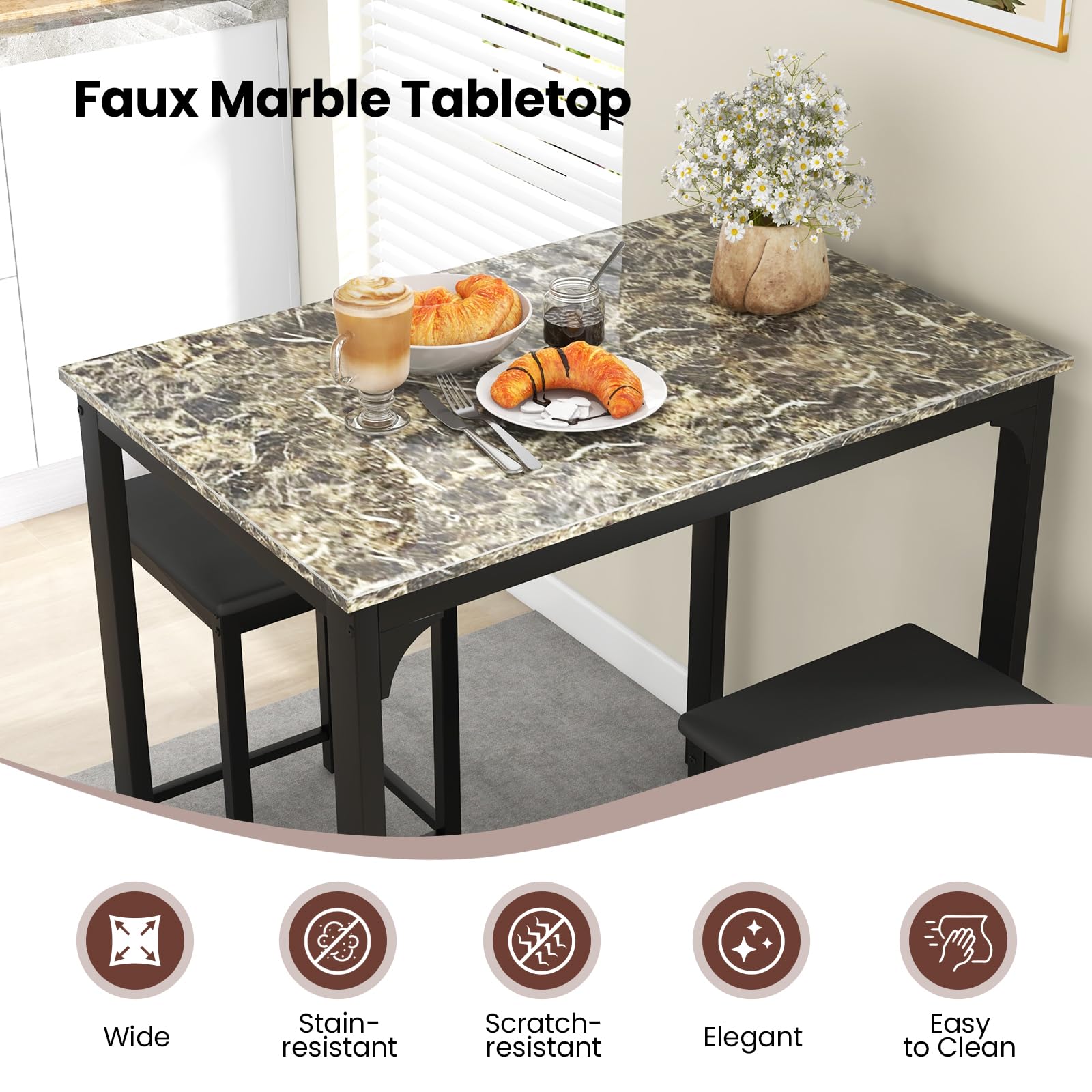 3-Piece Counter Height Dining Table Set with Faux Marble Top