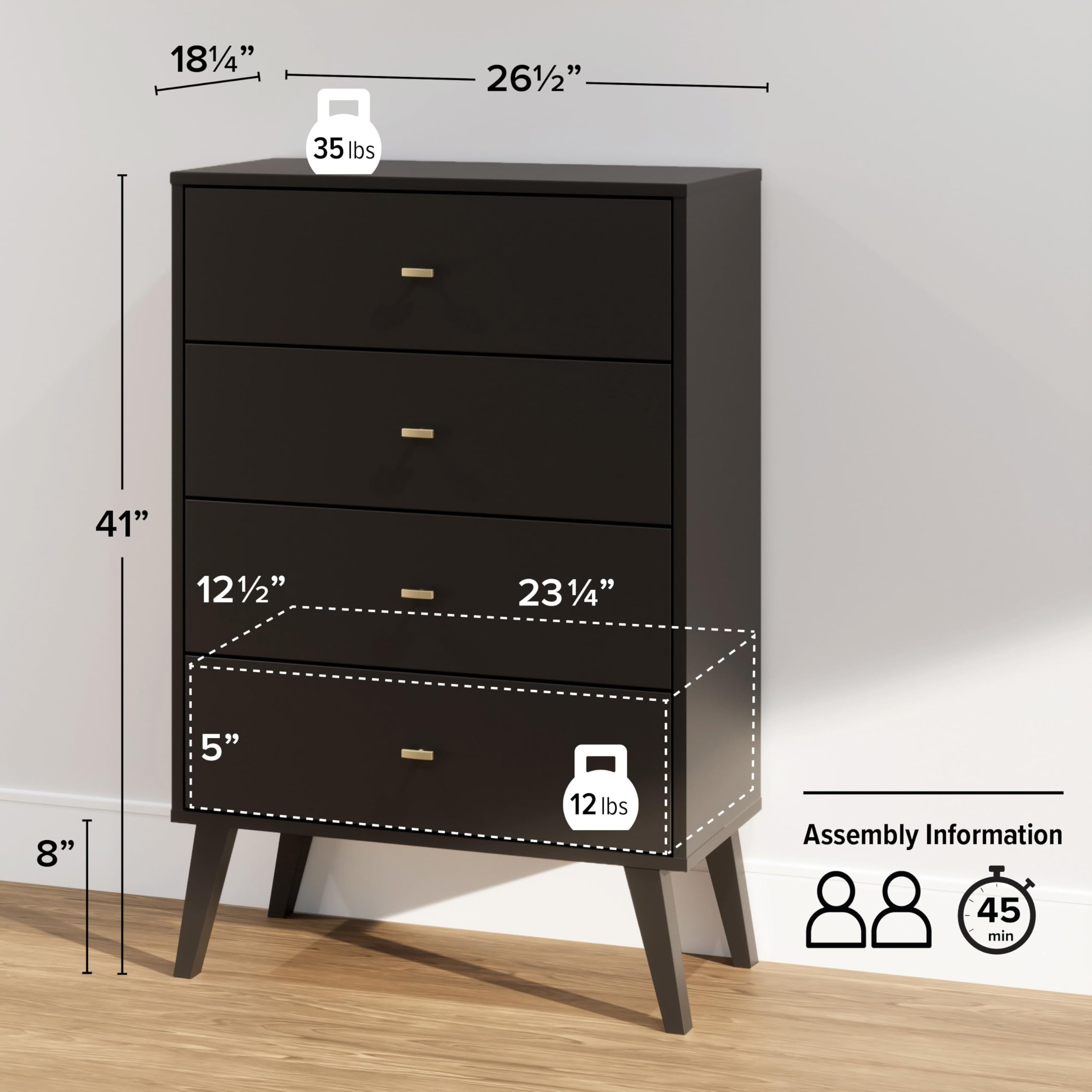 Mid-Century Modern 4 Drawer Chest Black