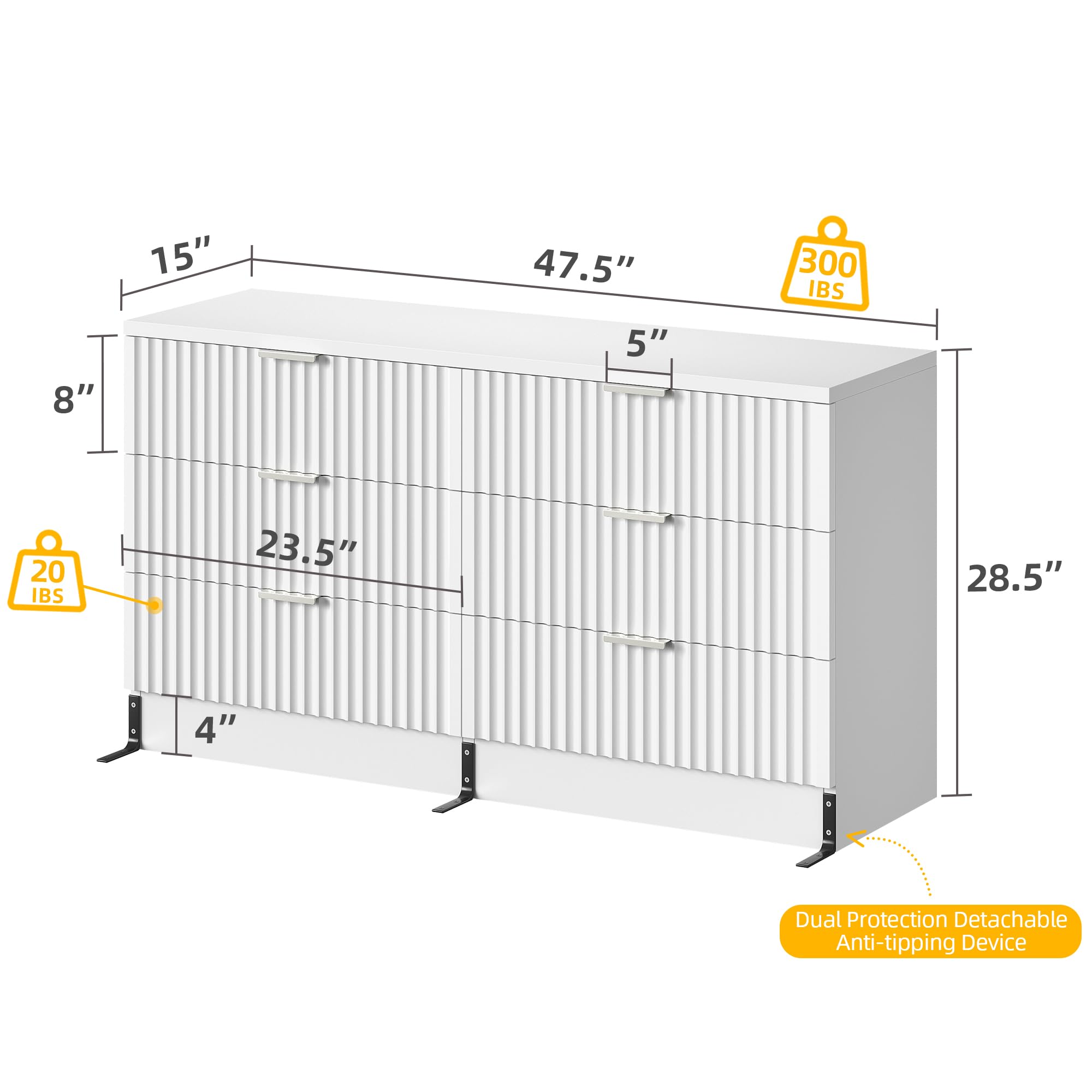 Fluted 6 Drawer Dresser 47.5" Wide White