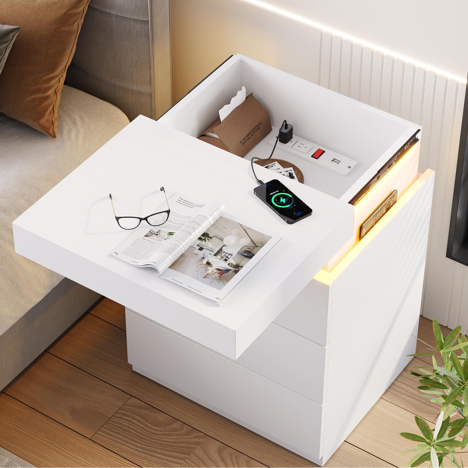 LED Nightstand with Charging Station and Sliding Top