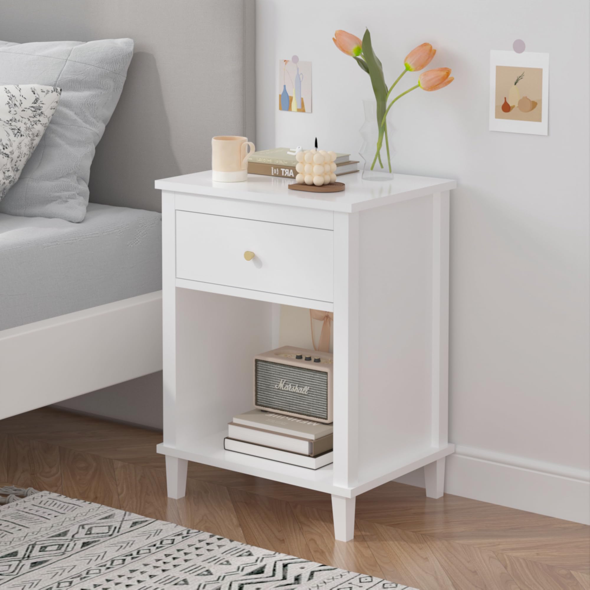 White Nightstand with Drawer and Storage Shelf