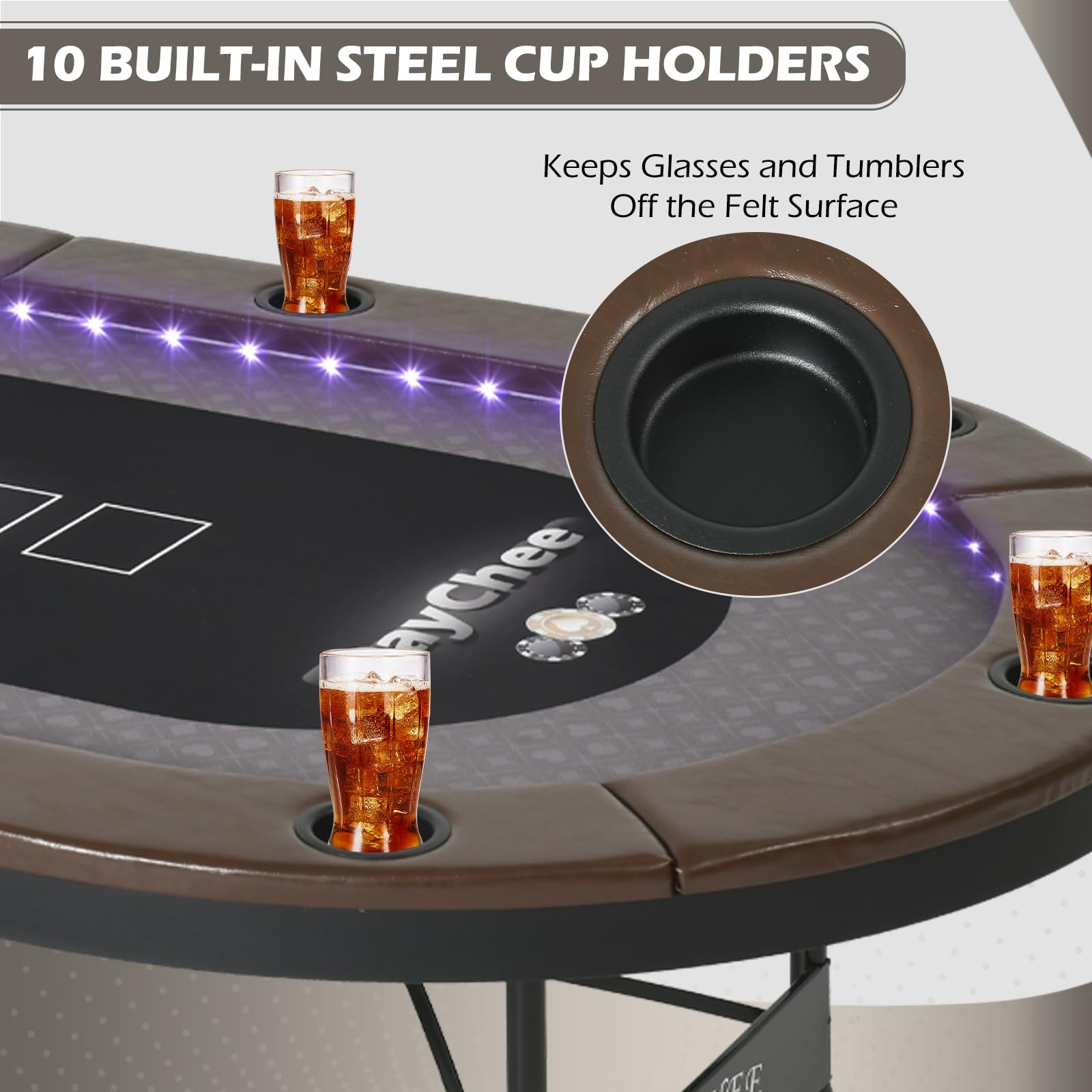 LED Poker Table 84" 10 Player Foldable with Cup Holders
