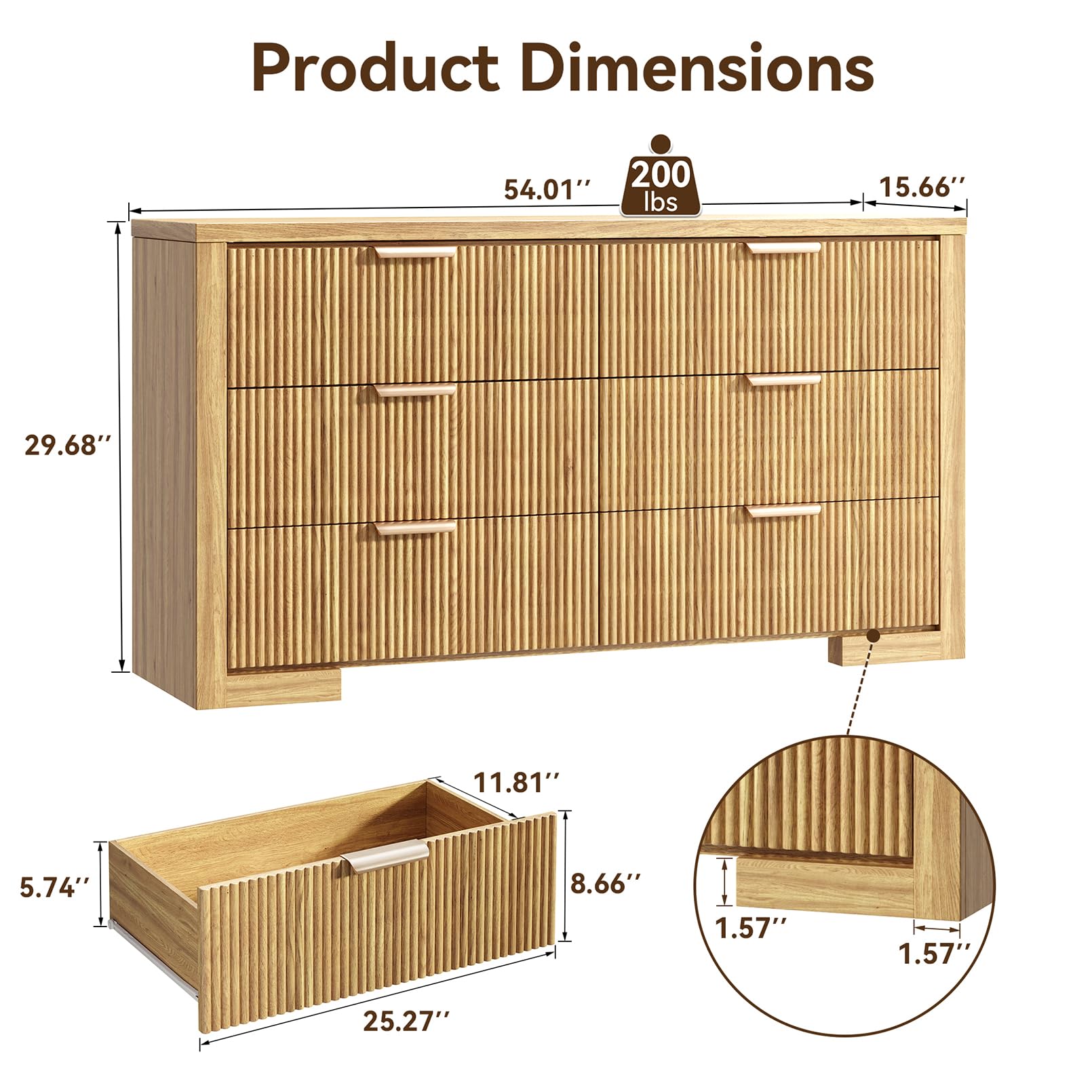 Fluted 6-Drawer Dresser 54 Inch Natural Oak